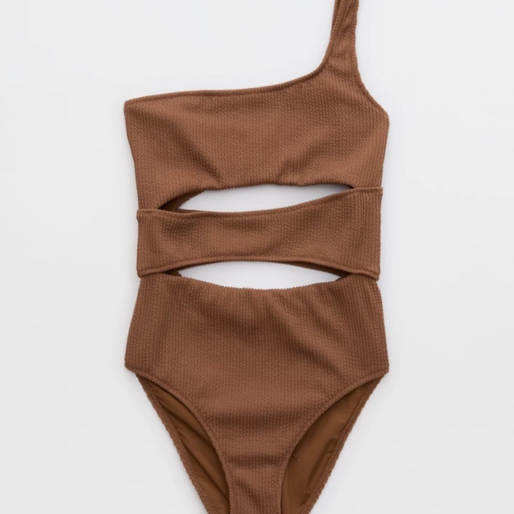 Aerie Brown One-Shoulder Cutout One Piece
